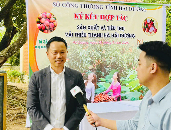 Ông Nguyễn Đức Quỳnh trả lời phỏng vấn về việc ký kết bao tiêu đặc sản vải thiều Thanh hà. Ông Nguyễn Đức Quỳnh trả lời phỏng vấn về việc ký kết bao tiêu đặc sản vải thiều Thanh hà.