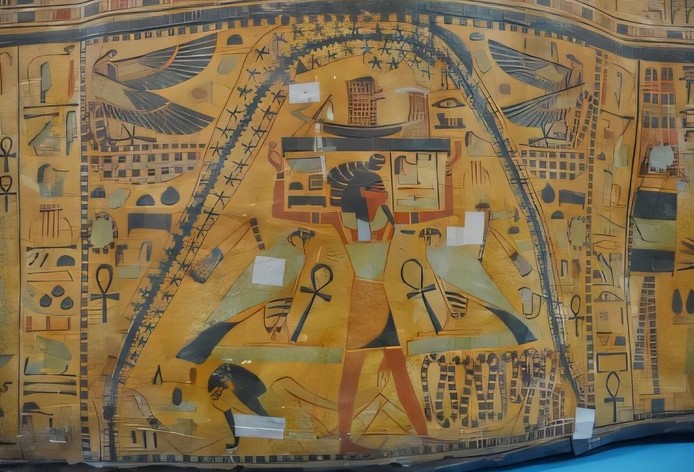 Thần Nut và thần Geb trên quan tài Ai Cập cổ đại - Ảnh: ĐẠI HỌC PORTSMOUTH