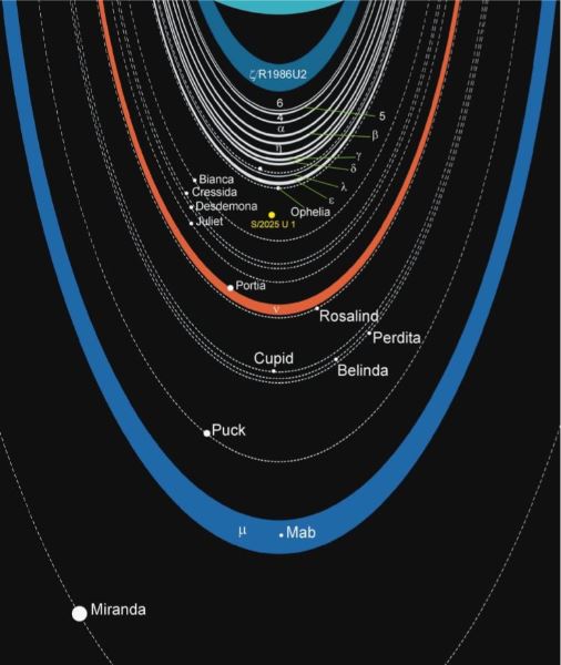 Một cuộc khảo sát JWST mới do SwRI dẫn đầu đã phát hiện ra S/2025 U 1 (vị trí gần đúng được đánh dấu bằng màu vàng), một vệ tinh nhỏ quay quanh Sao Thiên Vương giữa các vệ tinh Bianca và Ophelia. Nếu có suất phản chiếu tương đương với các vệ tinh lân cận khác, vật thể này có lẽ có đường kính khoảng 10 km, cho đến nay là vệ tinh nhỏ nhất trong hệ Sao Thiên Vương. Các hình elip đặc biểu thị các vành đai, trong khi các đường chấm chấm thể hiện quỹ đạo của nhiều vệ tinh bên trong. Nguồn: Public Domain