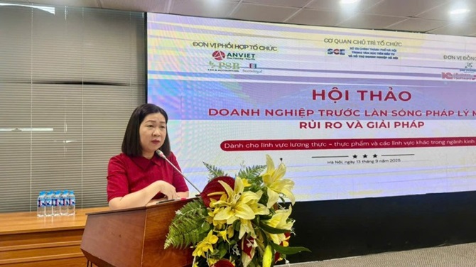 Bà Lê Thu Hằng, Phó Trưởng phòng Tư vấn doanh nghiệp (Trung tâm Xúc tiến đầu tư và Hỗ trợ doanh nghiệp Hà Nội) phát biểu tại Hội thảo. (Ảnh: BÍCH LIÊN)