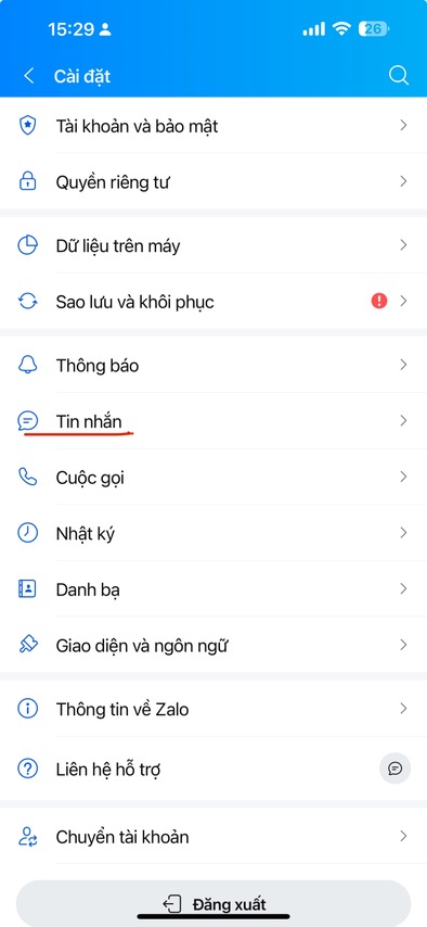 Chọn mục Tin nhắn trong phần Cài đặt ở trang Cá nhân