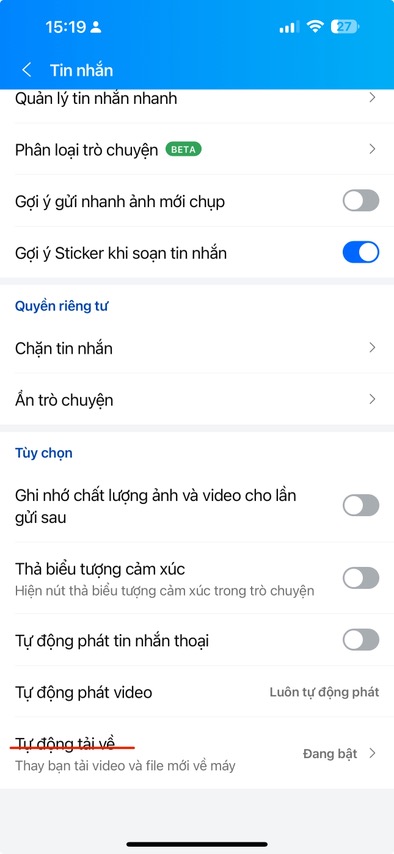 Vào mục Tự động tải về để điểu chỉnh cài đặt.