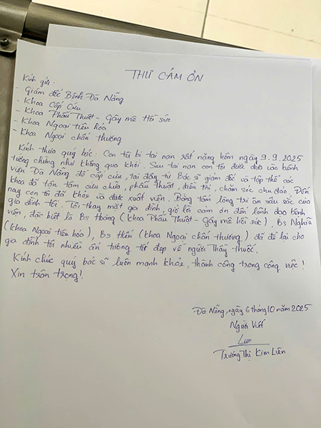 Thư cám ơn của gia đình nữ sinh T.N.P.U gửi BV Đà Nẵng. Thư cám ơn của gia đình nữ sinh T.N.P.U gửi BV Đà Nẵng.